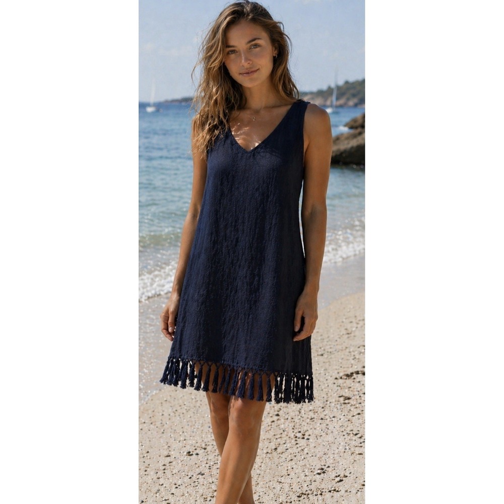 For Cynthia Linen Resort Dress Size M Navy Fringe Nautical Beach Coastal Casual